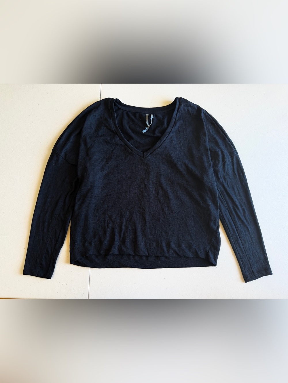 By Anthropologie Black Textured V-Neck Long Sleeve Top Drop Shoulder Size XS